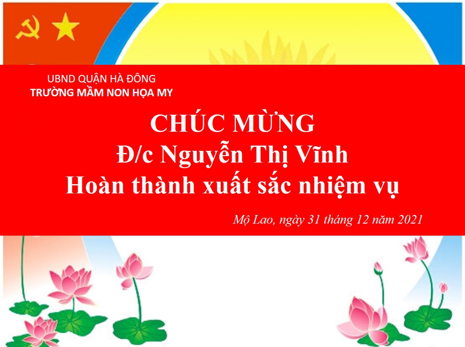 Chúc mừng cô giáo Nguyễn Thị Vĩnh hoàn thành xuất sắc nhiệm vụ.